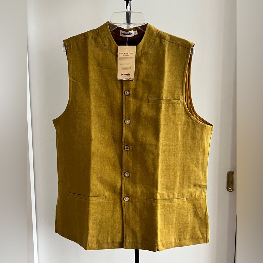 NWT Fabindia Mustard Sleeveless Nehru Jacket Khadi Cotton handwoven lined L